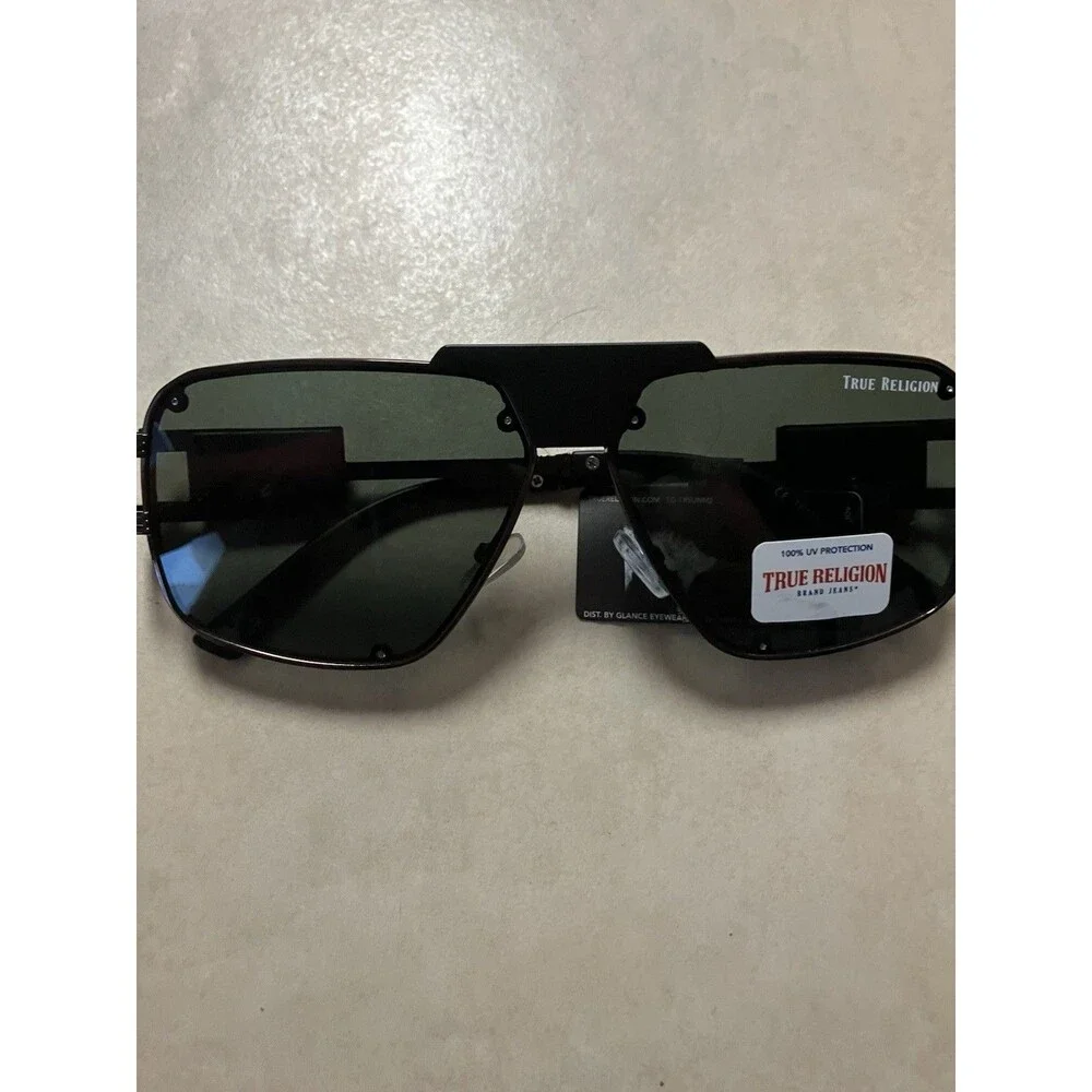 TRUE RELIGION Square Aviator Sunglasses Green Lens Bronze Metal New